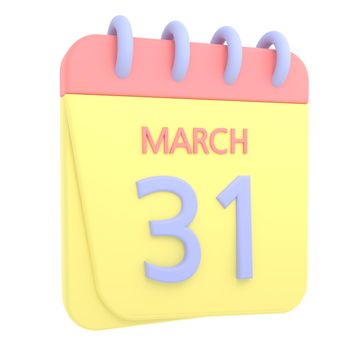 31st March 3D calendar icon. Web style. High resolution image. White background