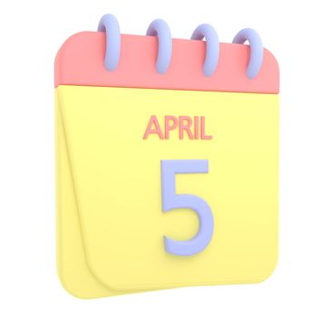 5th April 3D calendar icon. Web style. High resolution image. White background