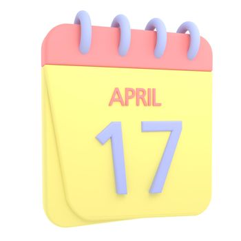 17th April 3D calendar icon. Web style. High resolution image. White background