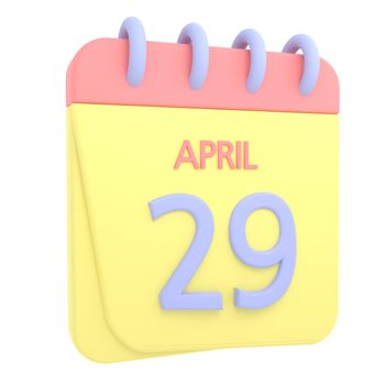 29th April 3D calendar icon. Web style. High resolution image. White background