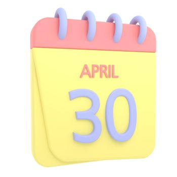 30th April 3D calendar icon. Web style. High resolution image. White background