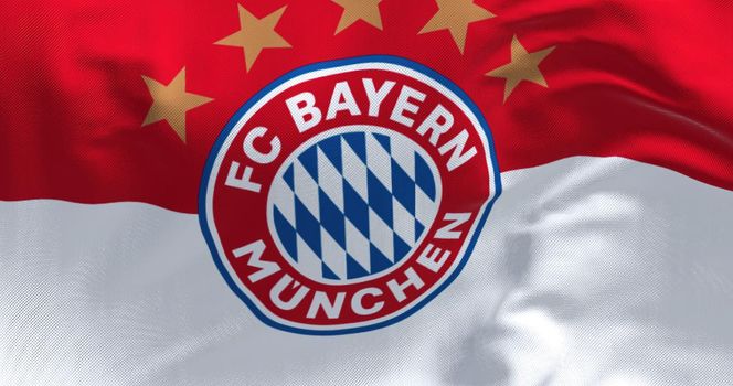 Munich, GER, May 2022: Fabric background with the Bayern Munich Flag waving. Bayern Munich is a German sports club based in Munich