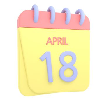 18th April 3D calendar icon. Web style. High resolution image. White background