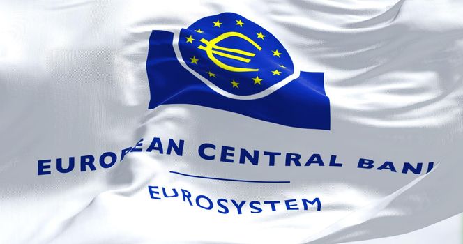 Frankfurt, Germany, June 2022: Flag with European Central Bank logo waving on a fabric background. Close up. 3D illustration
