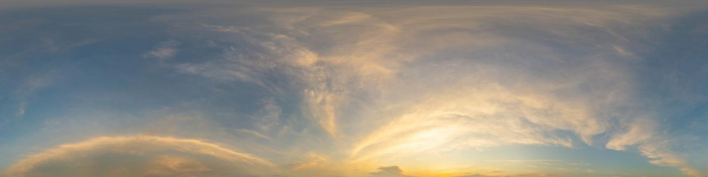 Sky panorama with Cirrus clouds in Seamless spherical equirectangular format. Full zenith for use in 3D graphics, game and editing aerial drone 360 degree panoramas for sky replacement