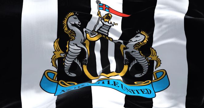 Newcastle, UK, May 2022: Fabric background with the Newcastle United Flag waving. Newcastle United is an English professional football club