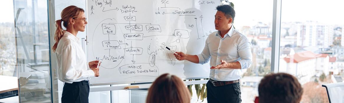 Asian man and woman conducts a meeting for employees near the board and explains the work strategy.