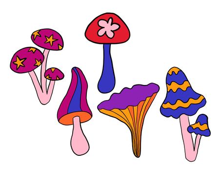 Hand drawn clipart illustration with hippie groovy mushrooms in orange purple blue red colors. Retro vintage 1960s 1970s style, trippy wild bright background with hallucination hypnotic elements