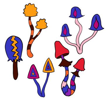 Hand drawn clipart illustration with hippie groovy mushrooms in orange purple blue red colors. Retro vintage 1960s 1970s style, trippy wild bright background with hallucination hypnotic elements