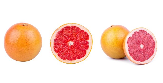 Set of fresh whole and cut grapefruit and slices isolated on white background.