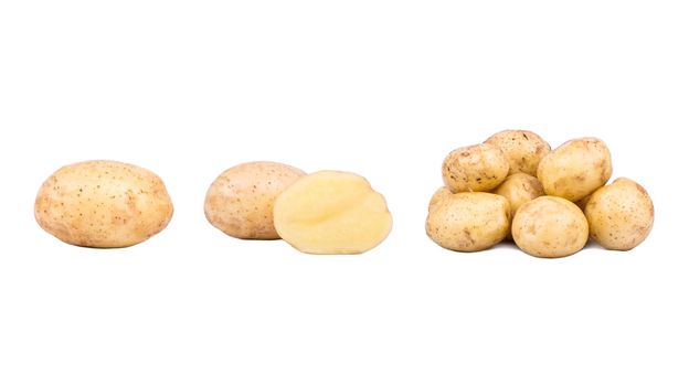 Young potato isolated on white background. Harvest new. Flat lay, Set or collection