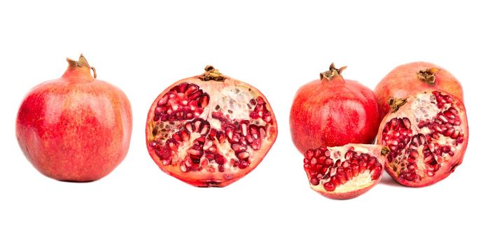 Fresh pomegranate fruit with half and slices isolate on white background, set