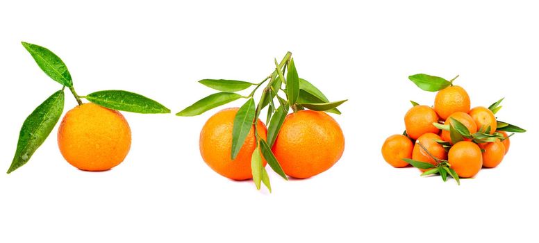 Mandarin with slices and green leaf isolated on white background top view, set