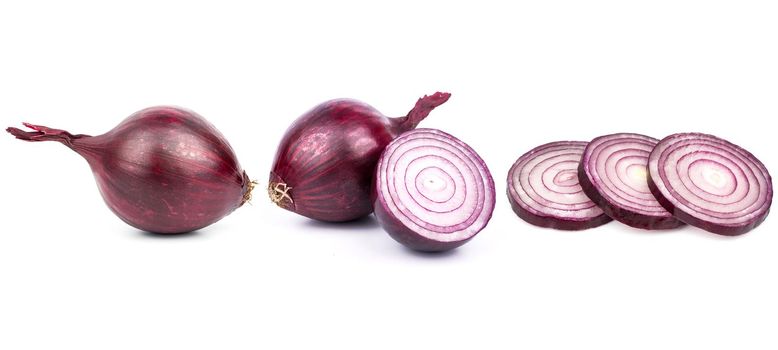 Collection red onion with slices and cut in half isolated on white background. Clipping Path. Full depth of field.