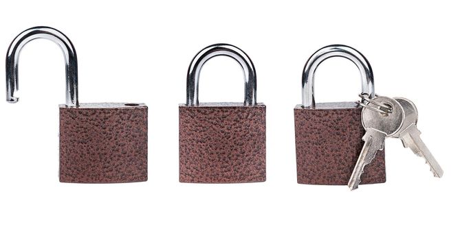 Padlock with keys isolate on white background set