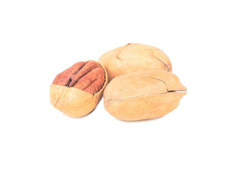 Three pecans in shell isolated on white background
