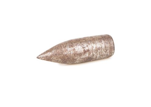 Rusty bullet from weapon isolated on white background