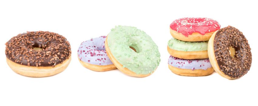 Donuts Set Isolated on White Background. You get different type of donuts: with chocolate, pink, with stripes,with syrup and sugar powder.