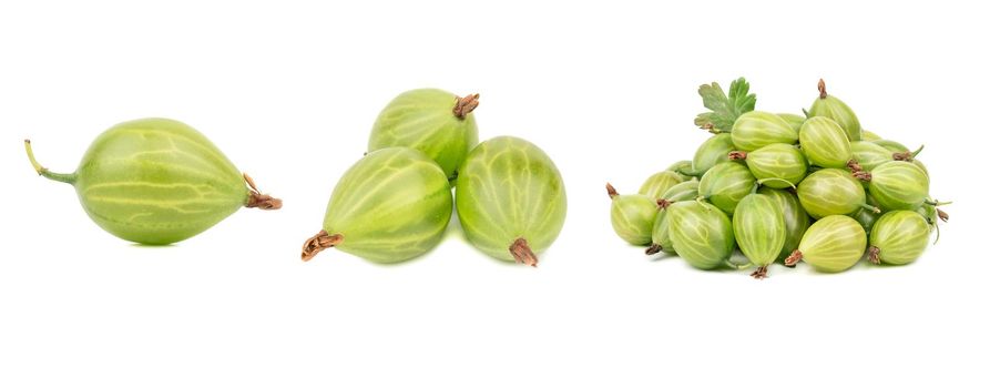 Green fresh gooseberry isolate on white background, collection