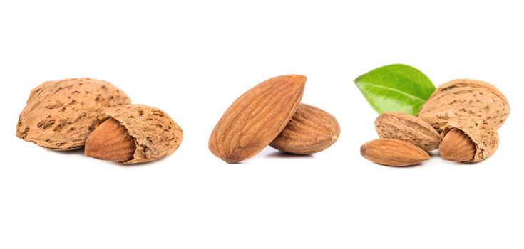 Almond isolated. Nuts on white background. Collection. Clipping path included. Full depth of field.