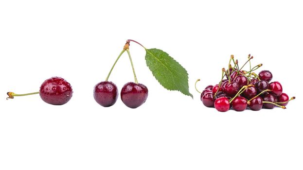 Fresh red cherry with leaves isolate on white background, set