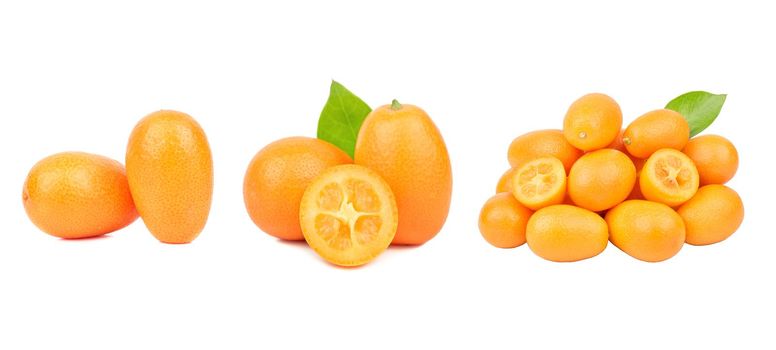Set with fresh ripe kumquat fruits on white background.