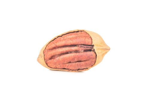 Pecan nut with broken shell isolated on white background