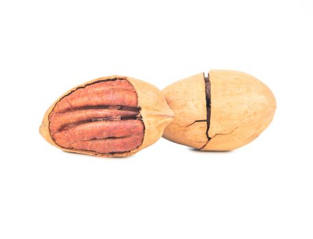 Two dry pecans in cracked shells on a white background