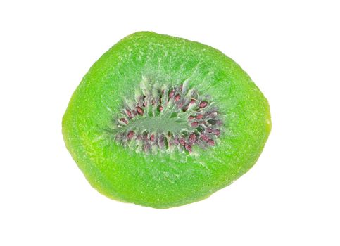 Closeup of dried and sweeten sliced kiwi isolated on white