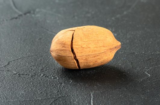 Pecan nut in shell close-up on a dark background