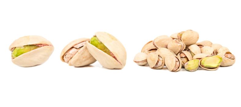 Salted pistachios in shell isolate on white background, set