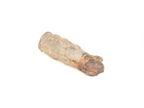 Old rusty bullet from a pistol from the Second World War isolate on a white background