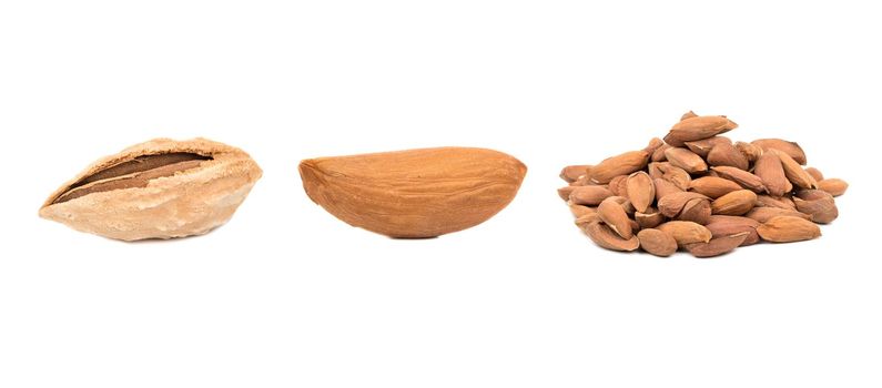 Almond isolated. Nuts on white background. Collection. Clipping path included. Full depth of field.