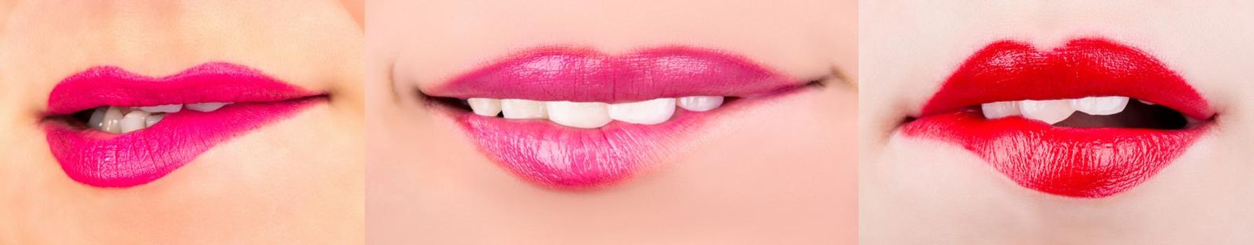 Woman's lip set. Girl mouth close up with red lipstick makeup expressing different emotions. Mouth with teeth, smile, tongue isolated on white background. Collection in different expressions.