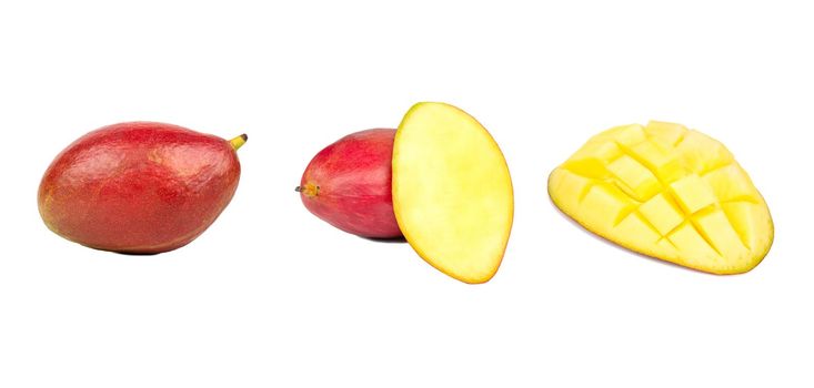 Fresh organic mango isolated on white background. Red mango fruit clipping path. Mango macro studio photo. Collection mango