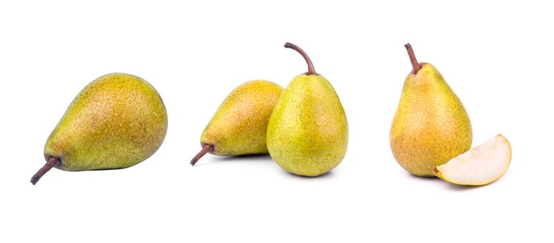 Set fresh pears whole, cut in half, quarter isolated on white background Clipping Path.