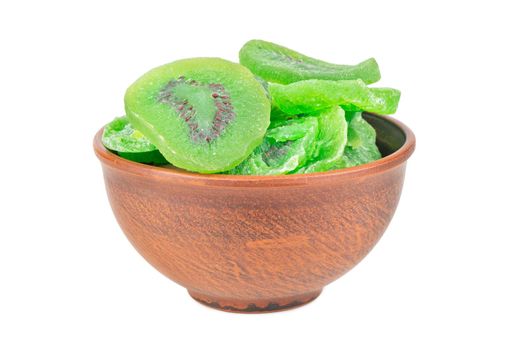 Dry kiwi slices in a ceramic bowl isolated on white background