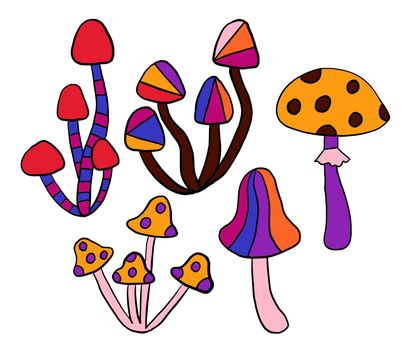 Hand drawn clipart illustration with hippie groovy mushrooms in orange purple blue red colors. Retro vintage 1960s 1970s style, trippy wild bright background with hallucination hypnotic elements