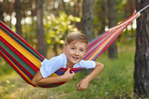 Cute boy is lying in a colorful hammock. The kid is riding in a hammock. Leisure concept