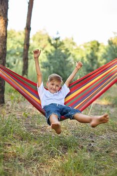 Cute little blond caucasian boy having fun with multicolored hammock in backyard or outdoor playground. Summer active leisure for kids. Child on hammock. Activities and fun for children outdoors