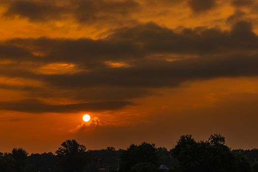 Beautiful cloudy sunrise over big yellow field and trees of forest