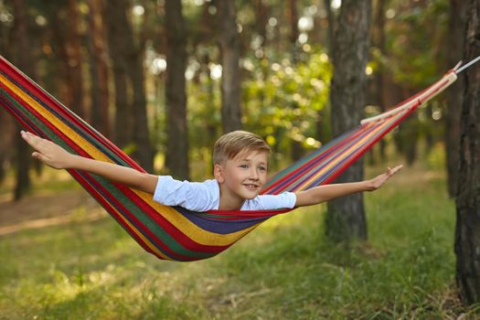 Cute little blond caucasian boy having fun with multicolored hammock in backyard or outdoor playground. Summer active leisure for kids. Child on hammock. Activities and fun for children outdoors