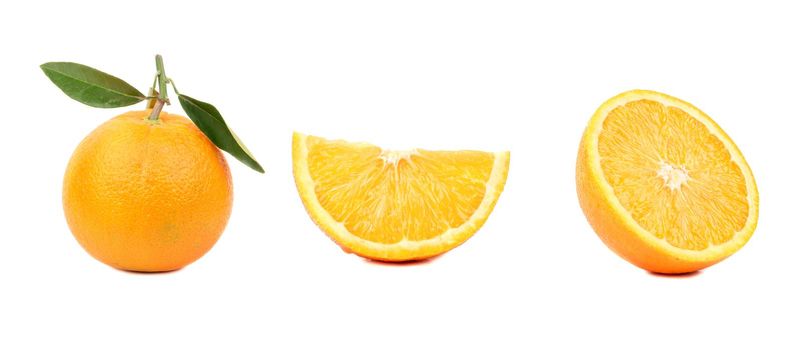 Isolated oranges. Collection of whole and sliced orange fruits isolated on white background with clipping path