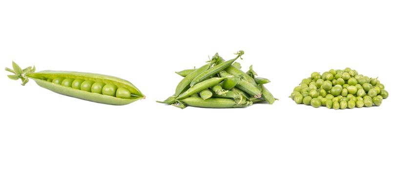 Set of fresh green pea in the pod isolated on white background.