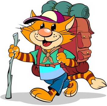 A vector illustration of a cartoon striped red cat with backpack and stick.