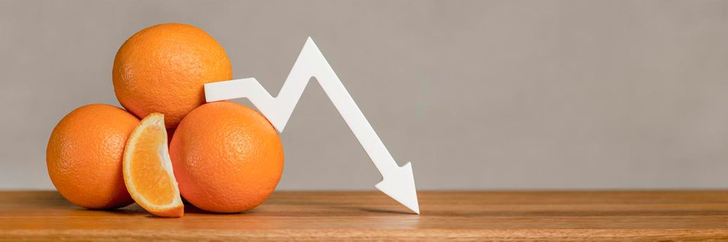 The price of citrus fruits. The cost of citrus fruits. Discount for oranges, export and import of citrus fruits. The arrow on the chart points down