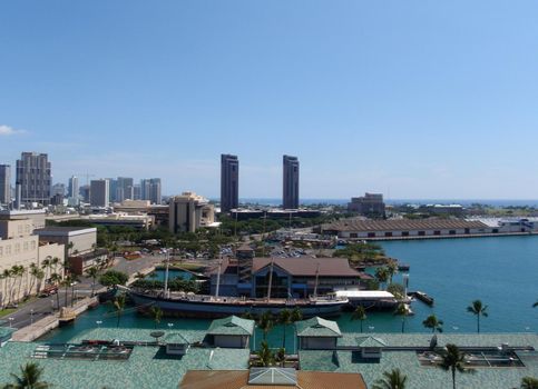 Downtown Honolulu and Harbor seen from the above taken on top Aloha Tower.  Oahu, Hawaii