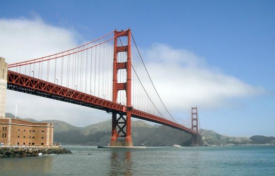 Ferry Boat passes under Golden Gate Bridge in San Francisco.  With tons of Birds resting in Area underneath