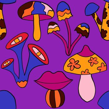 Seamless hand drawn pattern with hippie groovy mushrooms in orange purple blue red colors. Retro vintage 1960s 1970s style, trippy wild bright background with hallucination hypnotic elements