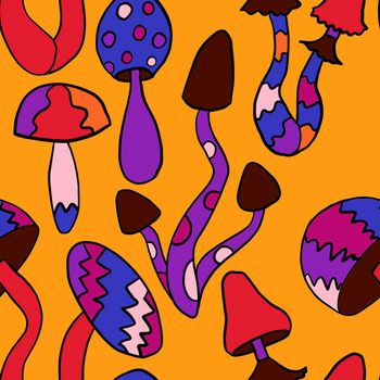 Seamless hand drawn pattern with hippie groovy mushrooms in orange purple blue red colors. Retro vintage 1960s 1970s style, trippy wild bright background with hallucination hypnotic elements